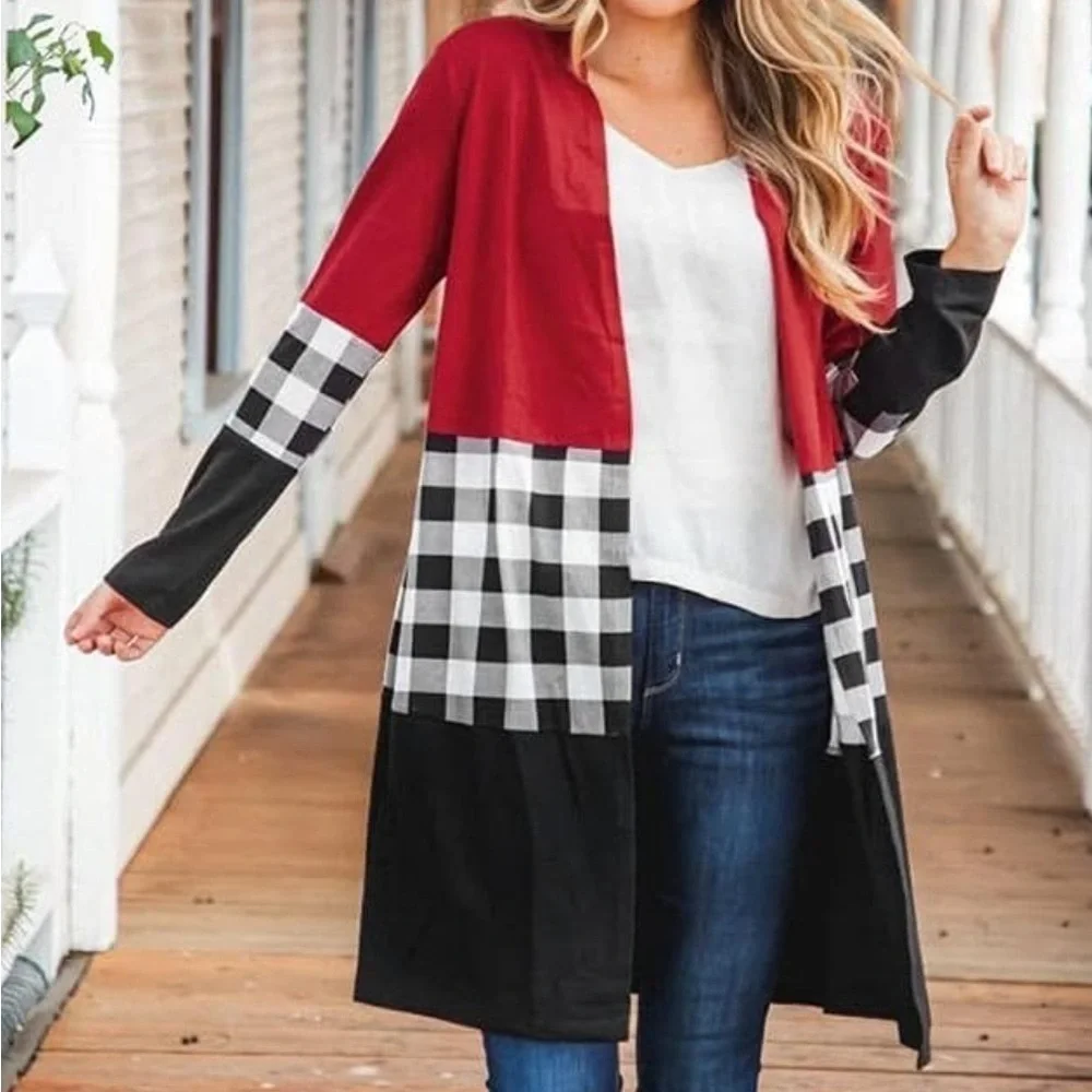 Plaid Patchwork Long Sleeved Loose cardigan size medium red/black/white - Picture 2 of 10